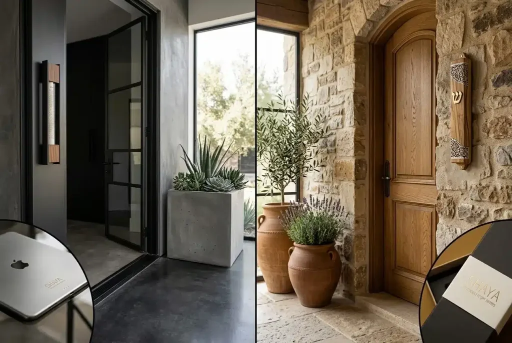 פיצול תמונה (Split screen) המראה כניסה מודרנית וכניסה כפרית עם מזוזות מותאמות.