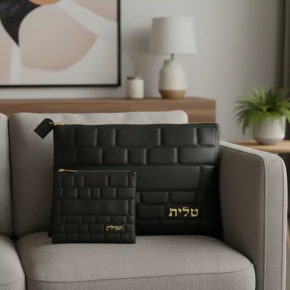 סט כיסויים מפואר לטלית ולתפילין מעור שחור