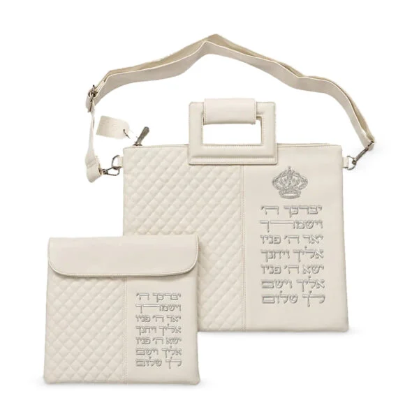סט כיסויים מפואר לטלית ולתפילין דמוי עור לבן