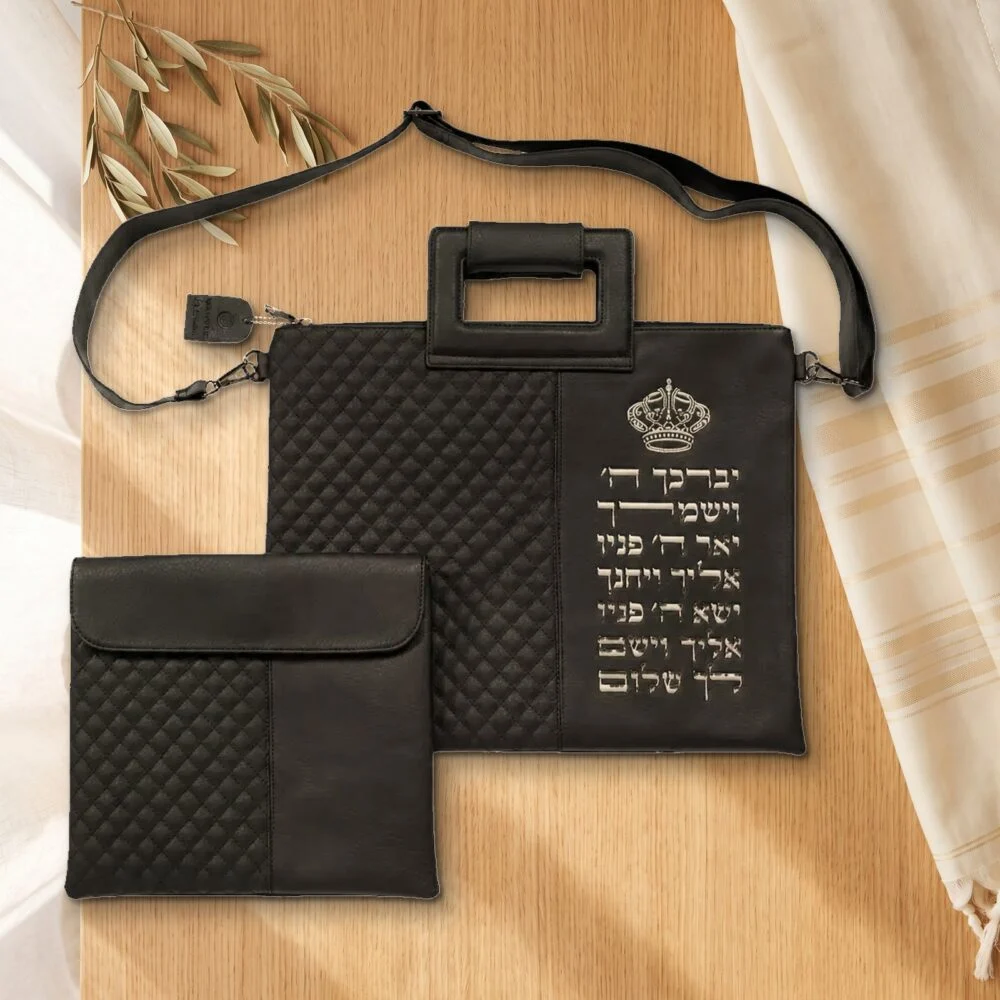 סט כיסויים מפואר לטלית ולתפילין דמוי עור שחור
