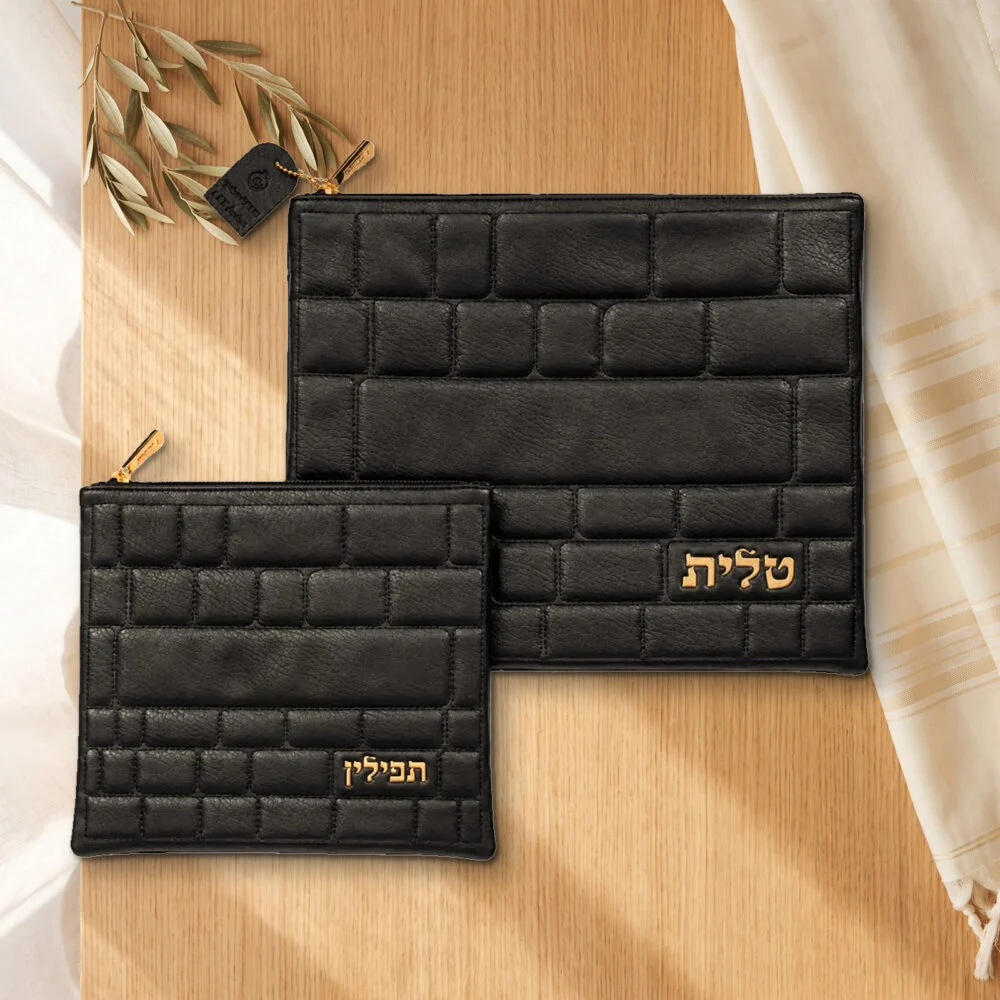 סט כיסויים מפואר לטלית ולתפילין מעור שחור