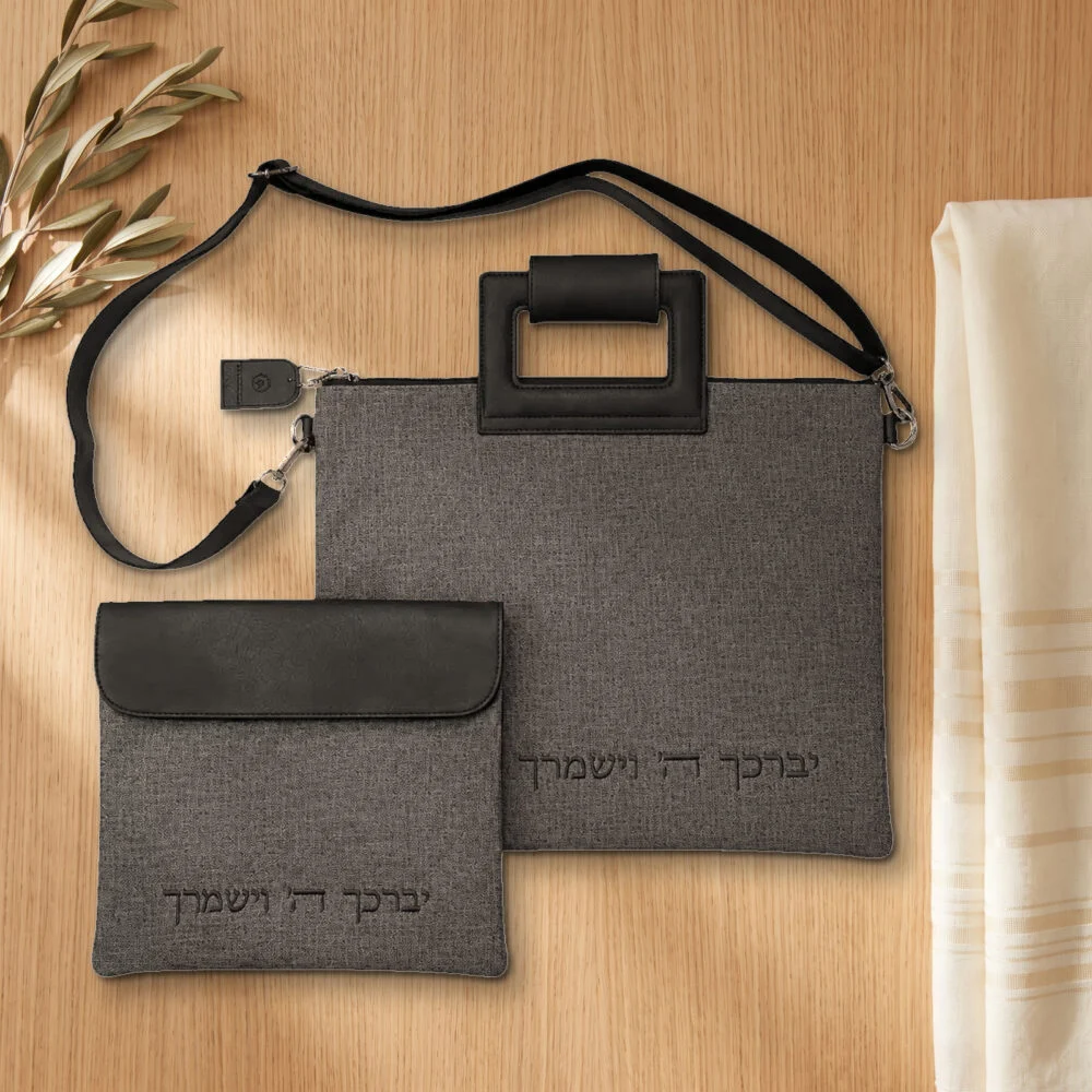 סט כיסויים מפואר לטלית ולתפילין מפשתן אפור