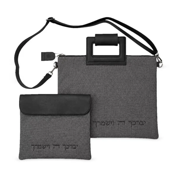 סט כיסויים מפואר לטלית ולתפילין מפשתן אפור